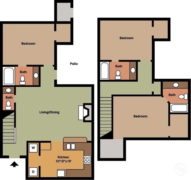 Floor plan for 3 beds, 3.5 baths, 1642 sqft